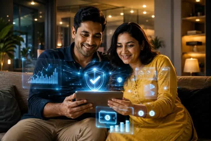 Couple reviewing financial and security information together on a tablet at home